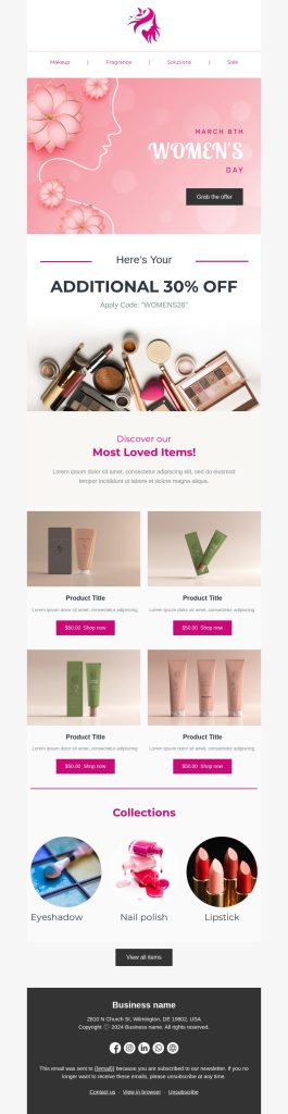 International Women’s Day email template for beauty brands.
