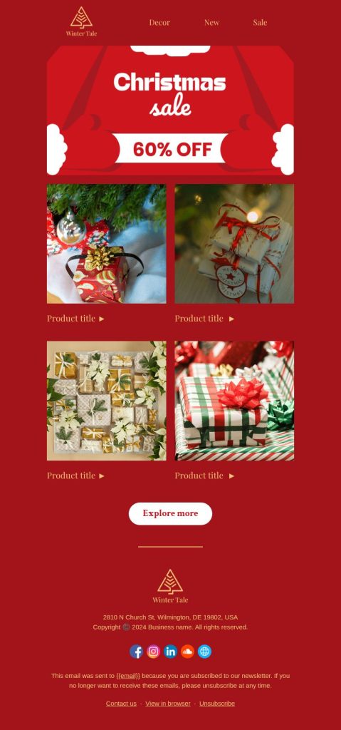 Holiday email template Christmas sale on Home decor and gift items.
