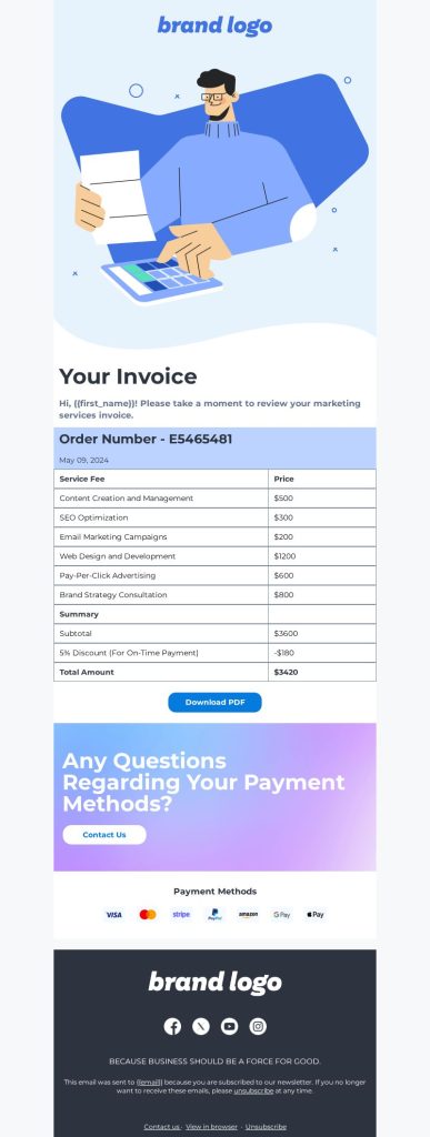 Marketing agency email template: Invoice statement email template from MailBluster