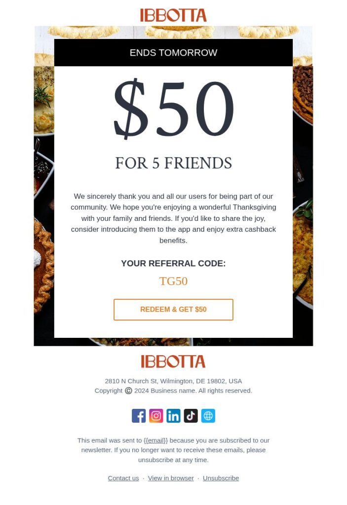 Thanksgiving rewards email template.