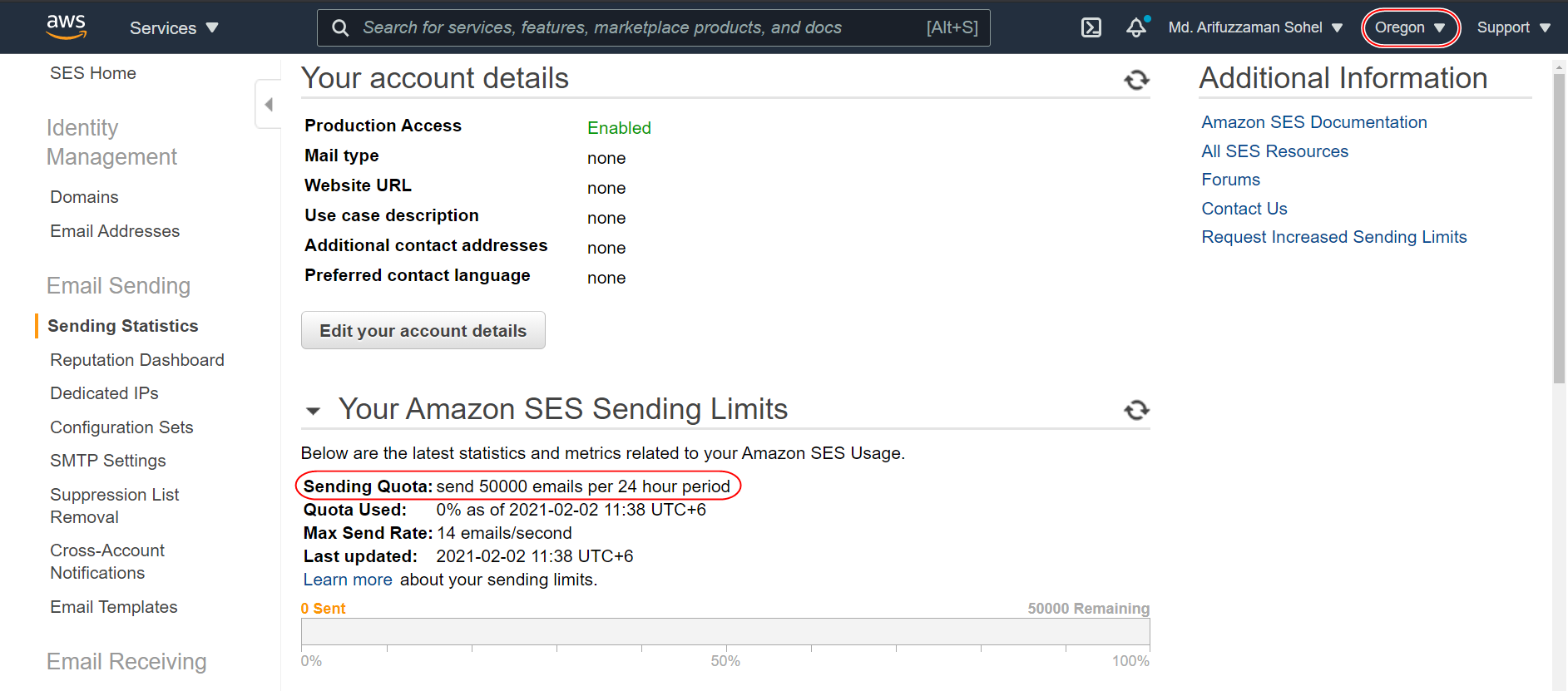 AWS account details and sending limits