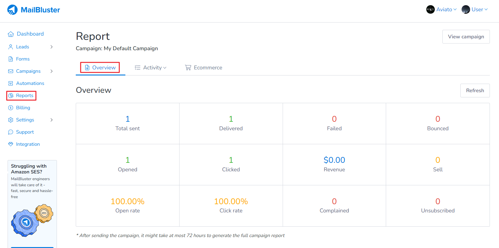 Click on Overview under Reports for the current campaign