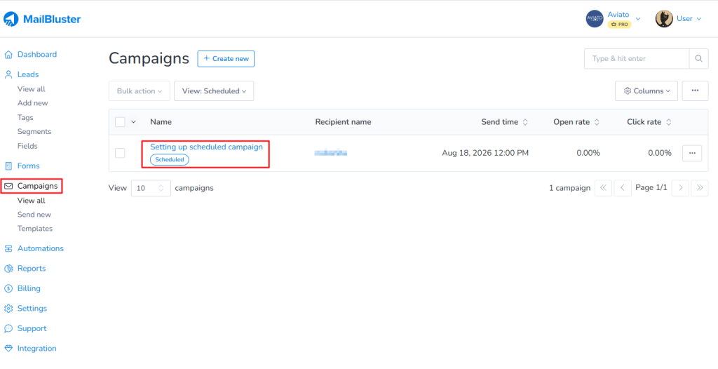 It will be marked as 'Scheduled' in the Campaigns section.