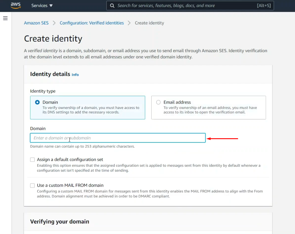 name of your domain on Create Identity section