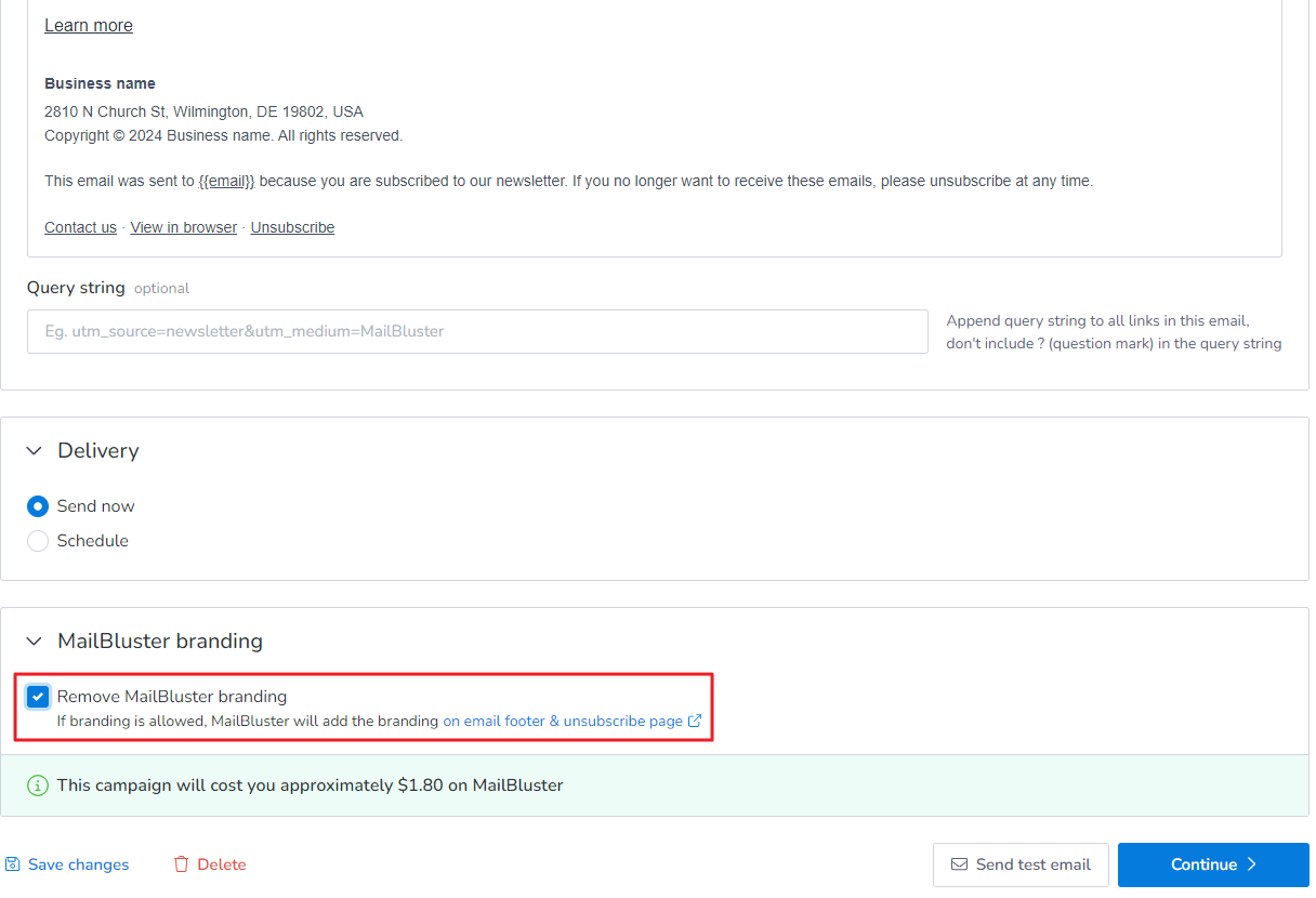 Click on the checkbox to Remove MailBluster branding and move to Pro plan
