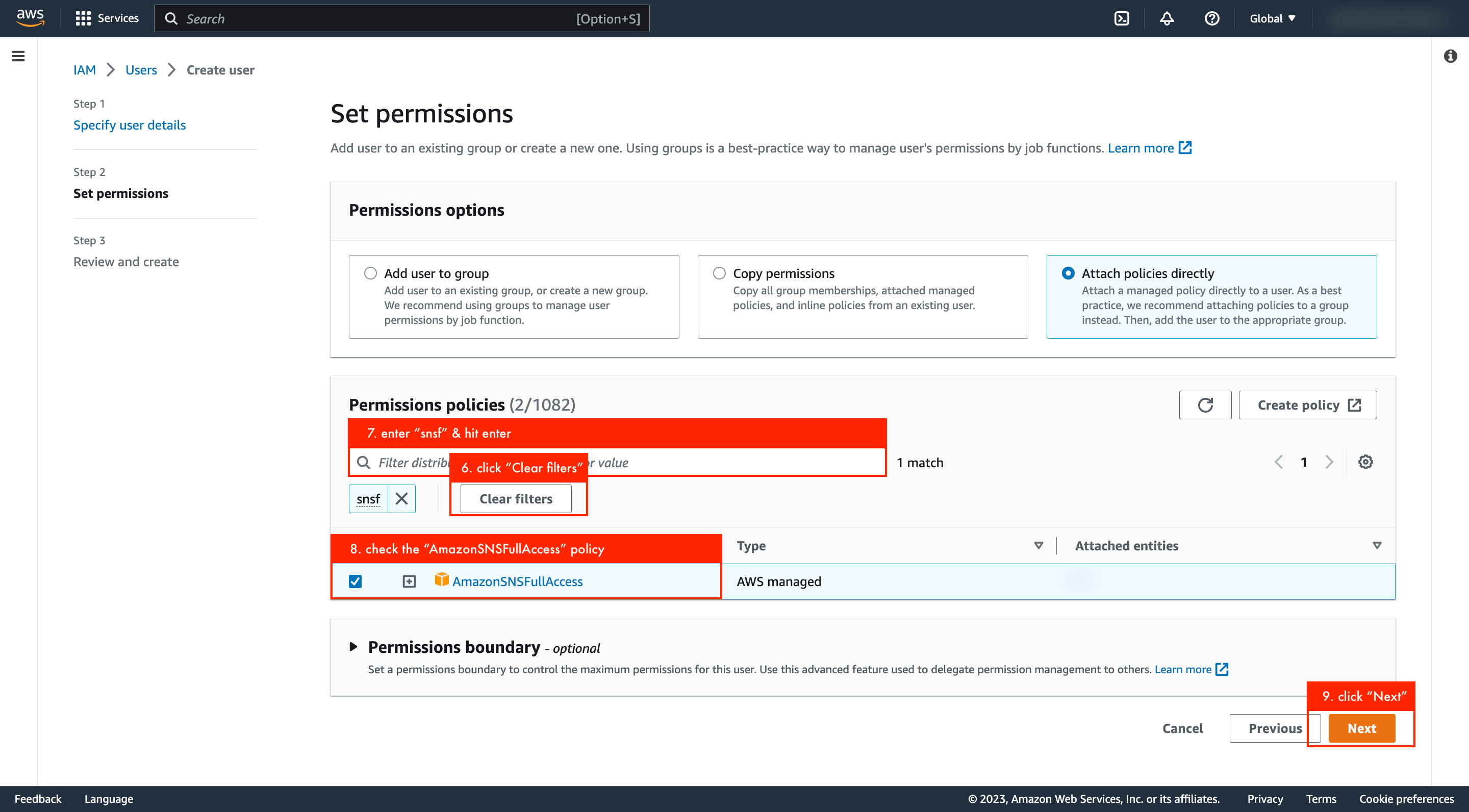 Setting permissions for AmazonSNSFullAccess