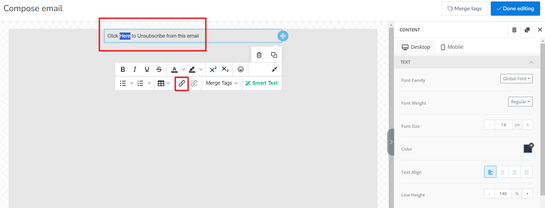 Highlighting “Here” and then clicking on Insert/edit link button