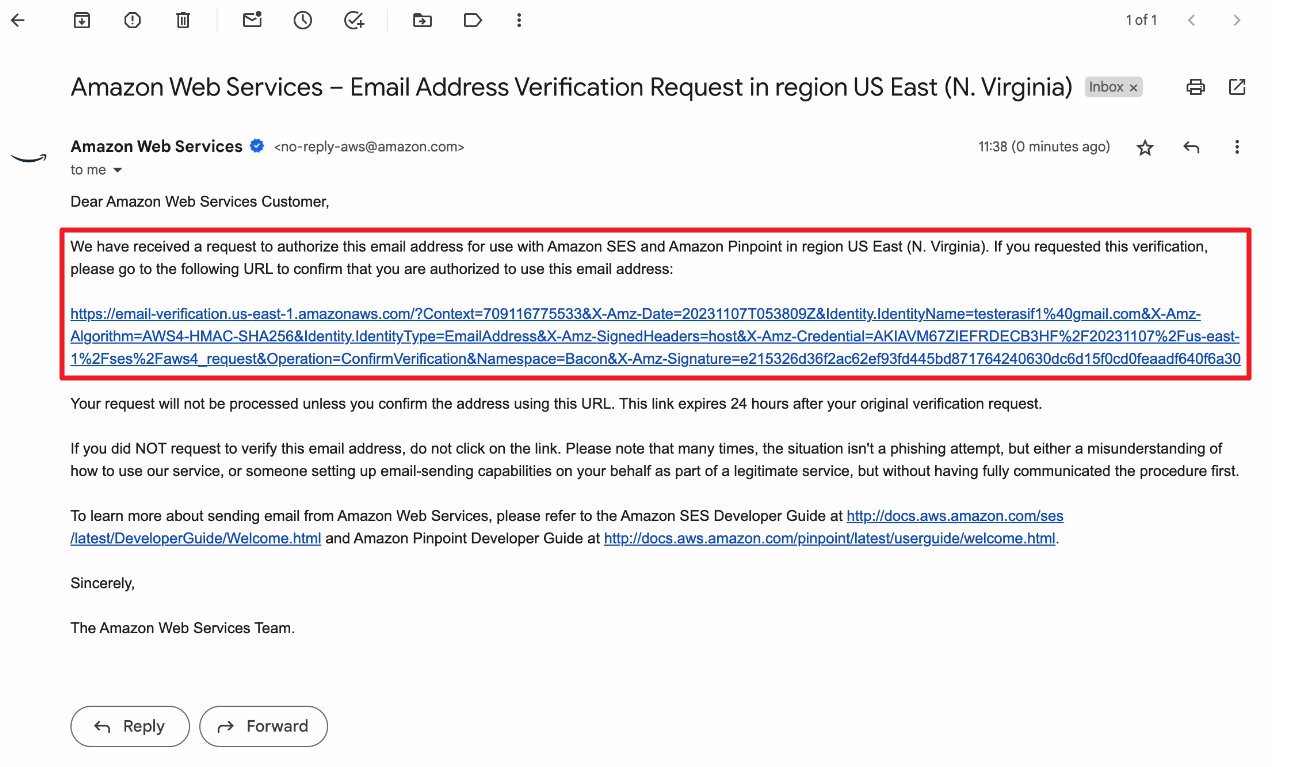 Confirmation link for verification of the email address