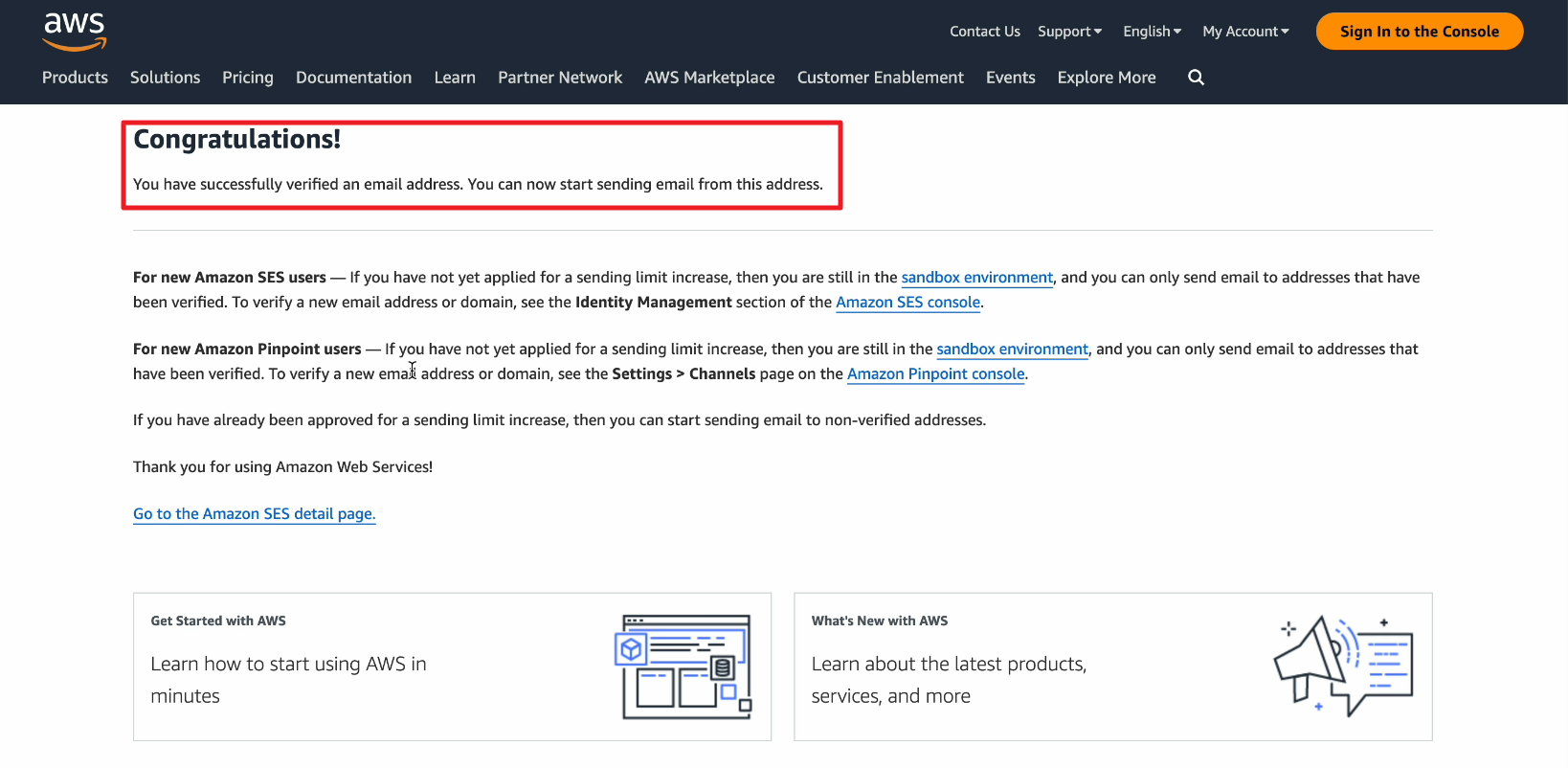 Amazon SES showing congratulations and notifying that email address has been verified