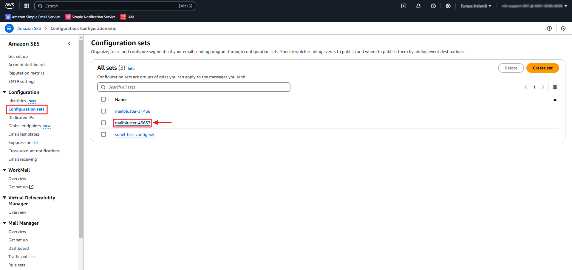 Screenshot of SES Configuration Sets with a MailBluster-generated entry for resolving issue with Tracking and Report