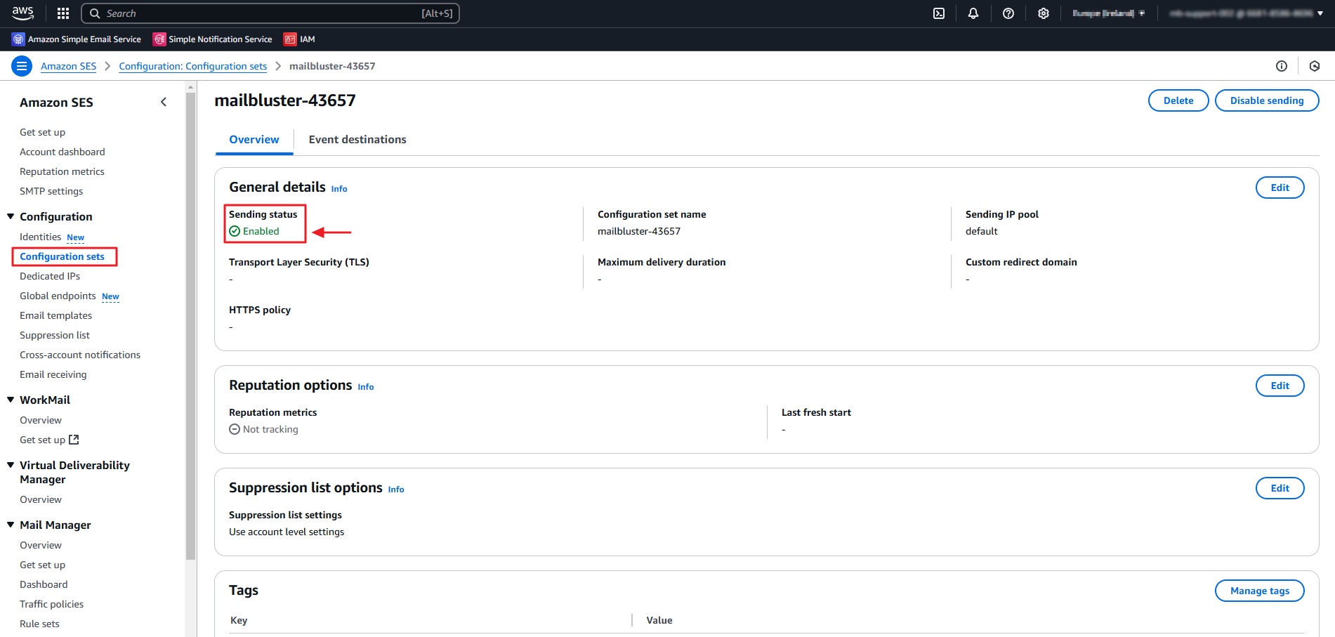 Amazon SES settings showing 'Sending status: Enabled' under General details.