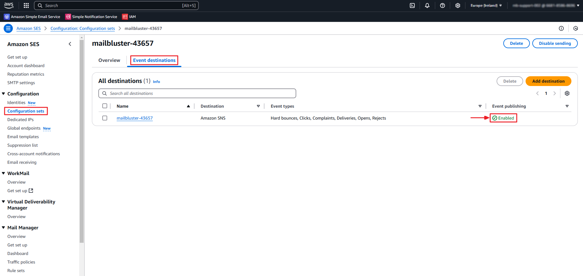 'Event destinations' view in Amazon SES showing Event publishing as Enabled.