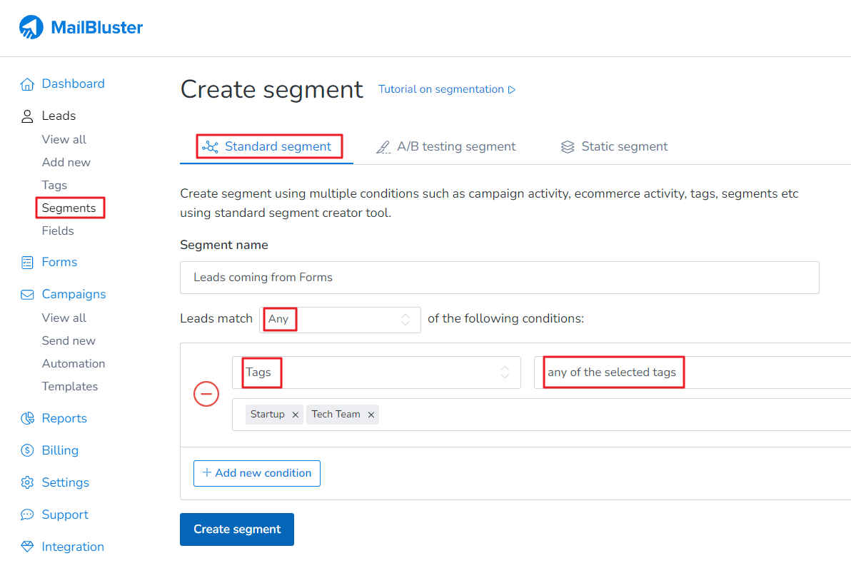 Create standard segment using Tags and these conditions