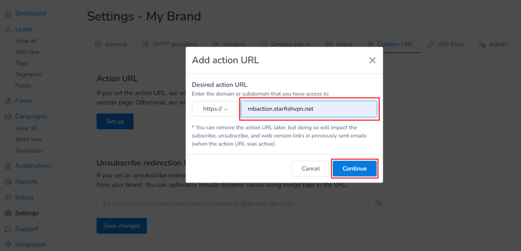 Action URL setup