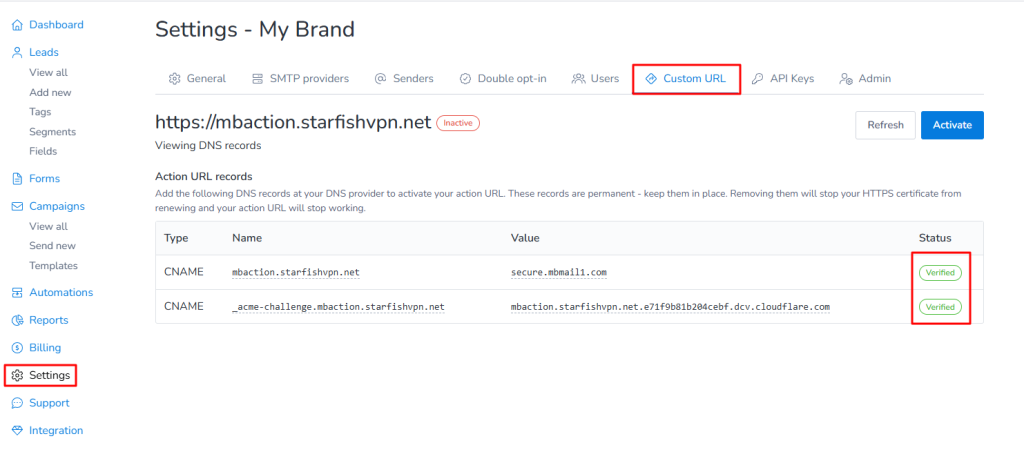 Action URL setup