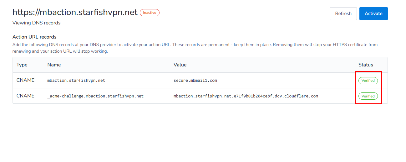 Action URL setup