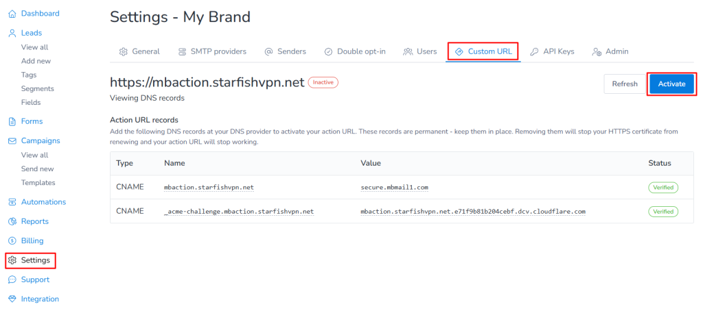 Action URL setup