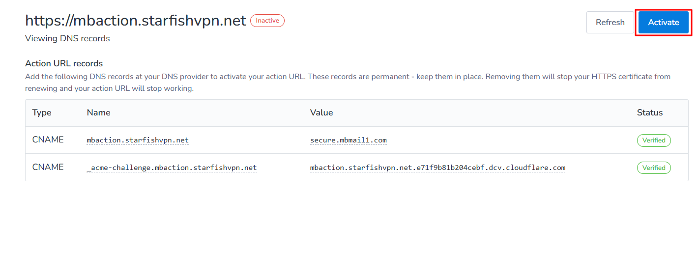 Action URL setup