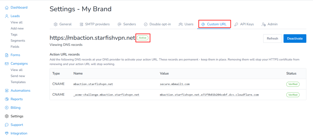 Action URL setup