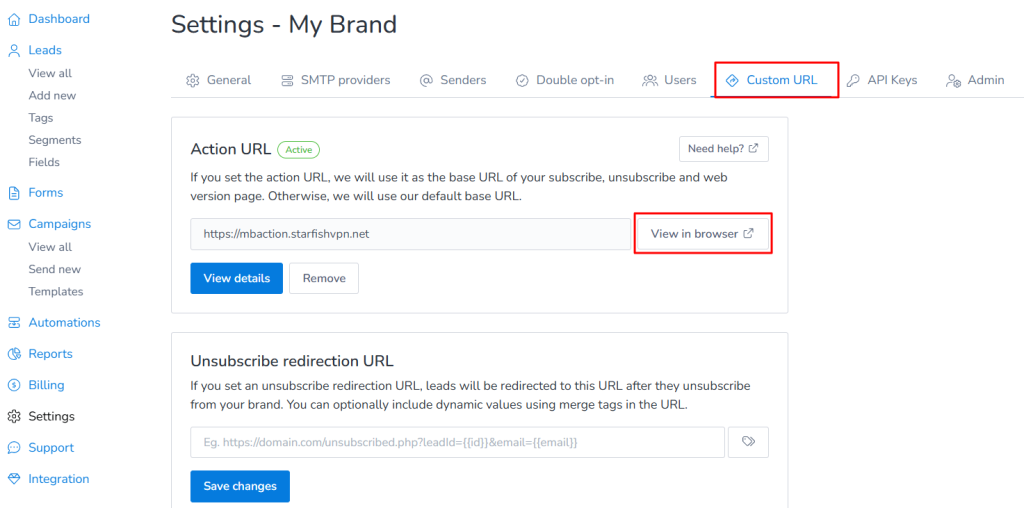 Action URL setup