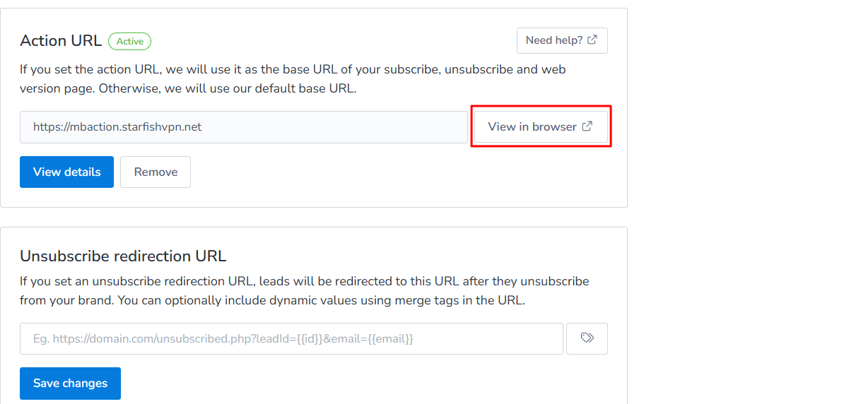 Action URL setup
