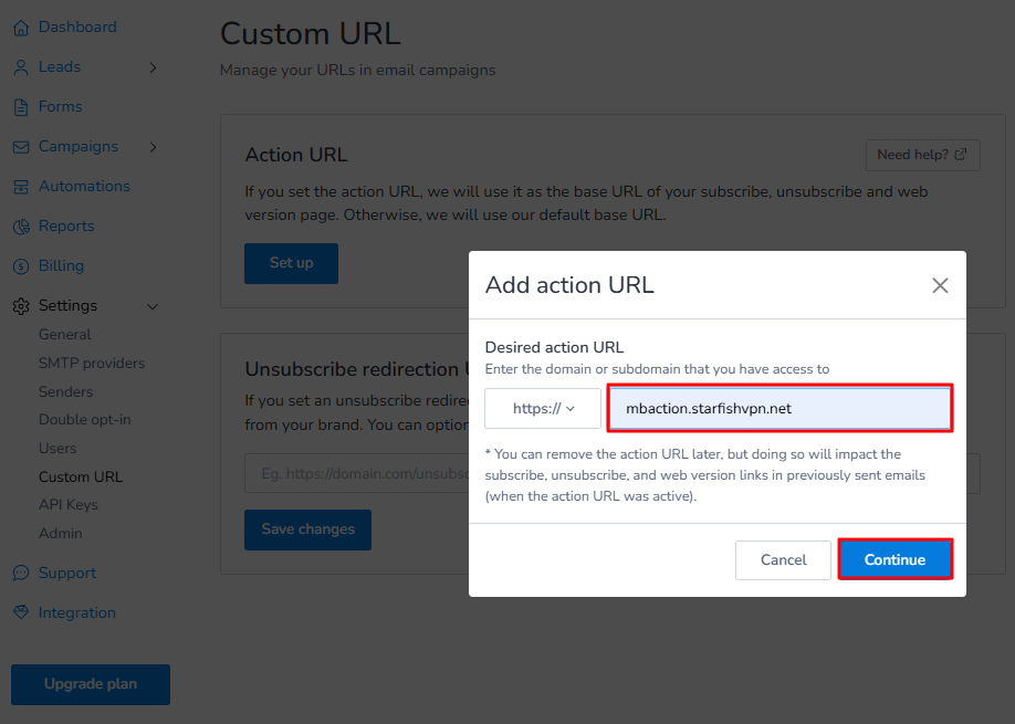 Action URL setup