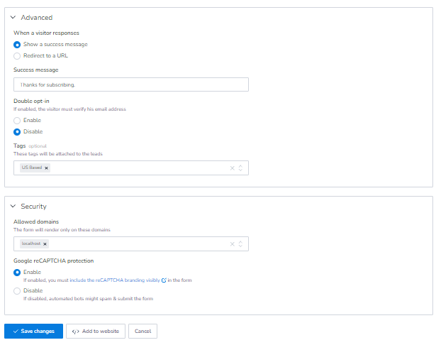 Configuration settings for Inline Form