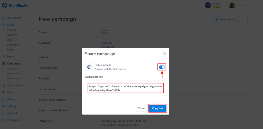 Campaign Share link option