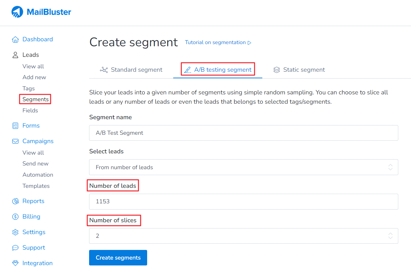 Clicking on Segments and then A/B testing segment