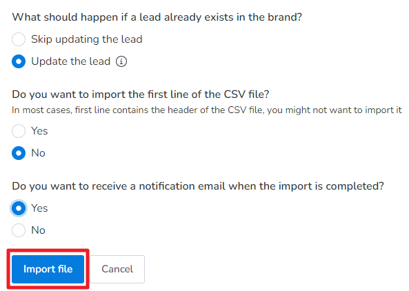 Selecting Update the lead, No, Yes, and then clicking Import file button