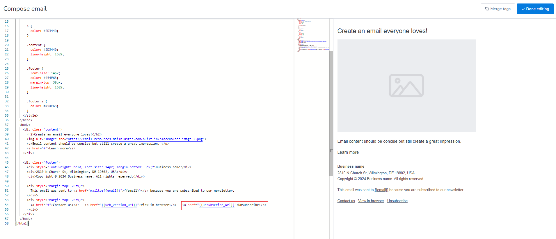 Setting the unsubscribe url merge tag in Compose email of HTML Editor