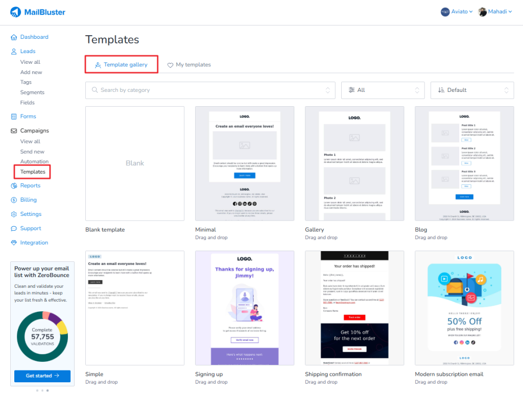 Template gallery on MailBluster