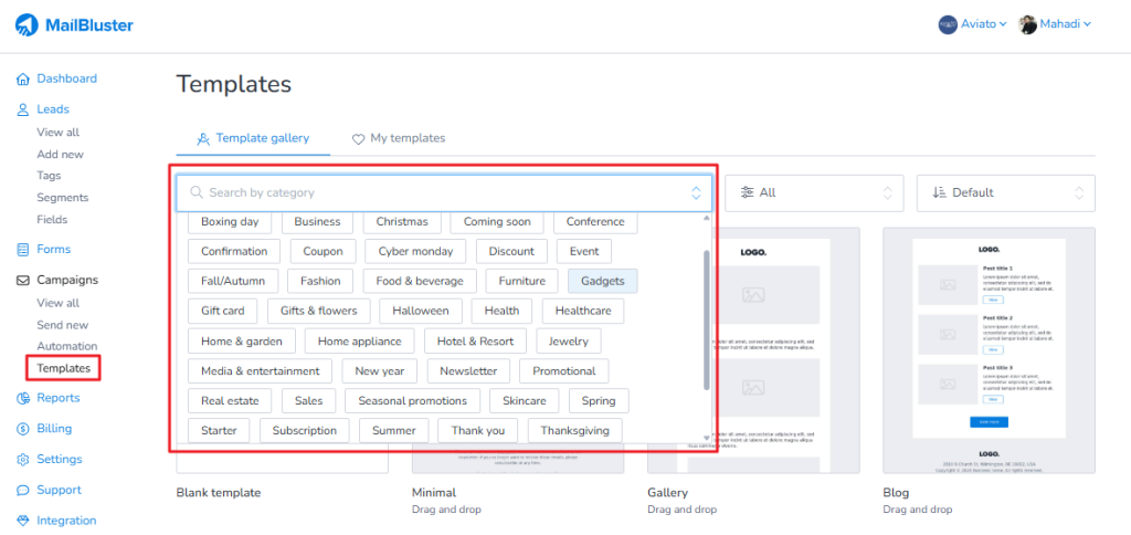 Template category on MailBluster