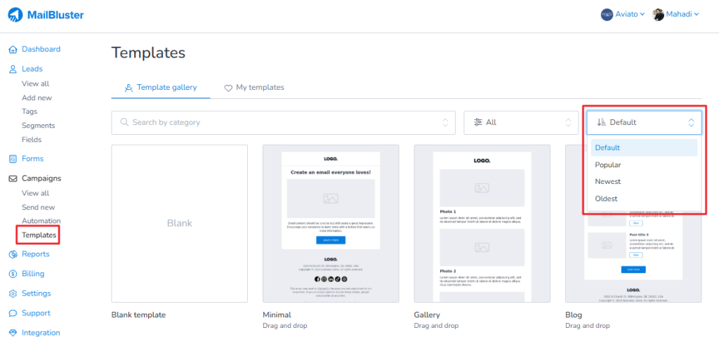 Template sorting on MailBluster