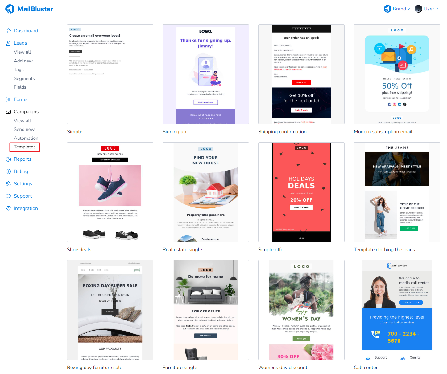 Various email templates under MailBluster Templates section