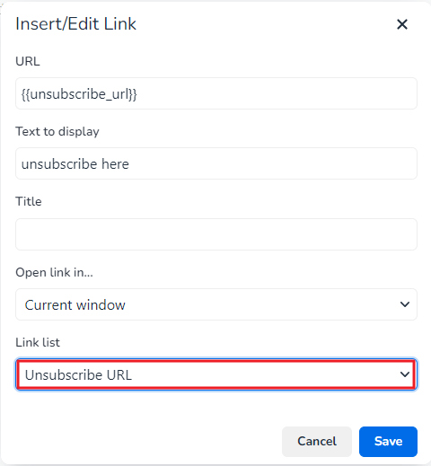 Select Unsubscribe URL from Link list and then click Save