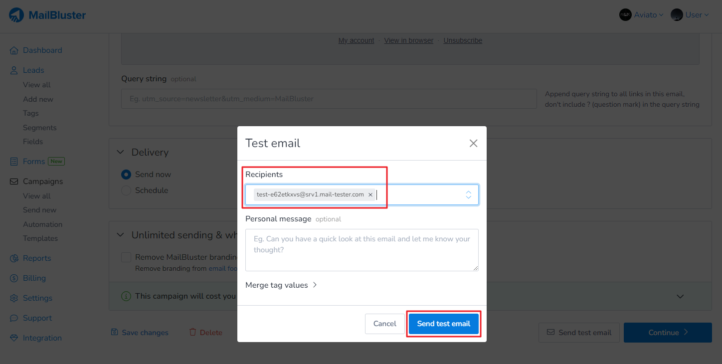 Pasting the email link in Recipients email address field and clicking Send test email