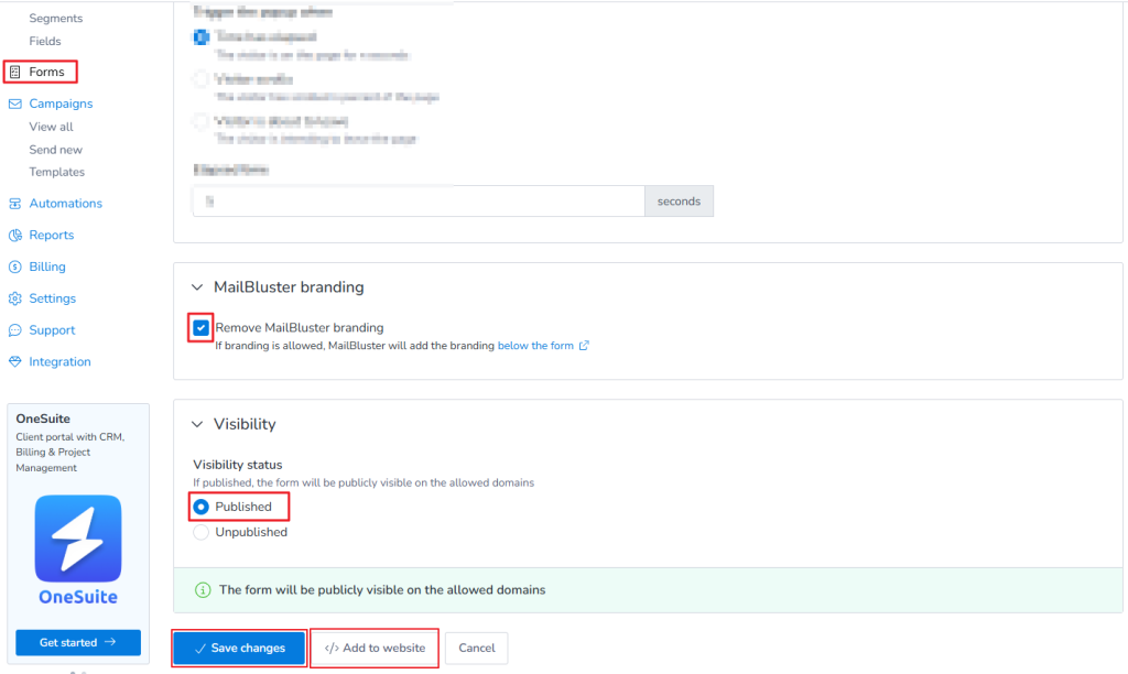 INline Form configuration