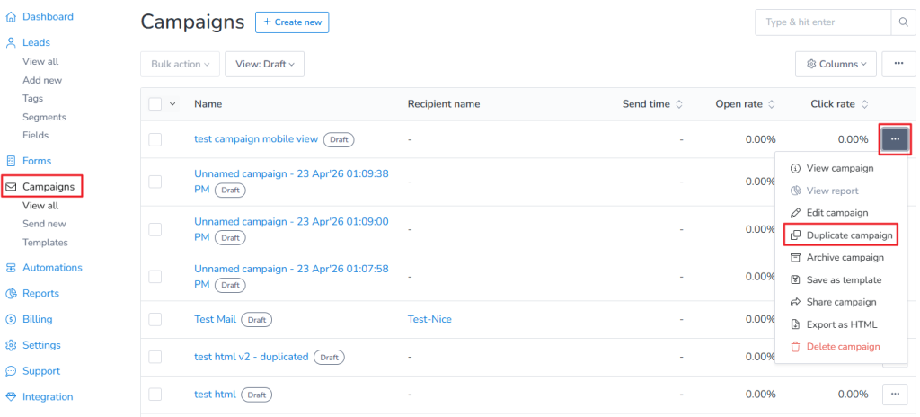 Click on the three dots ellipsis. Then click on Duplicate campaign.