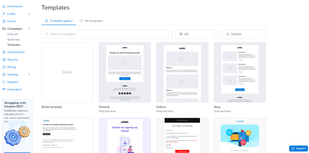 Template gallery on MailBluster