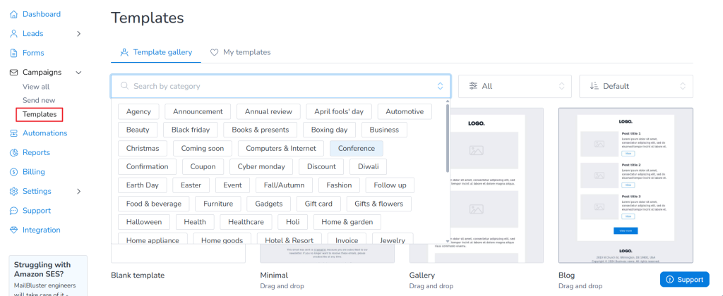 Template category on MailBluster