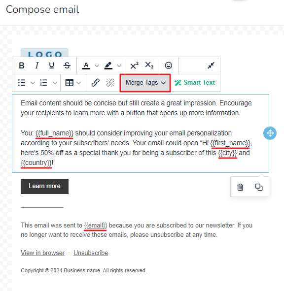 In the compose email, Clicking on Merge Tags button to add additional merge tags in the marketing email