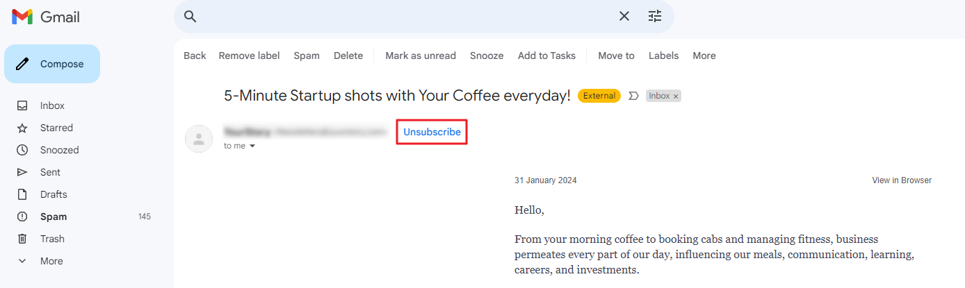 Sample email showing Unsubscribe button for list-unsubscribe header