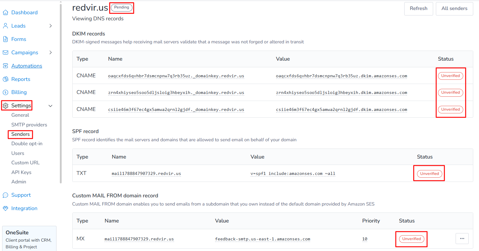 Sender domain status showing Pending