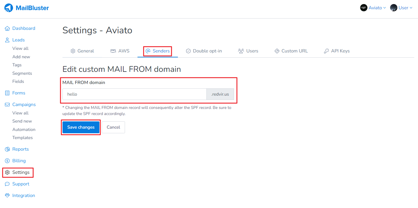 Entering the subdomain in MAIL FROM domain and clicking Save changes