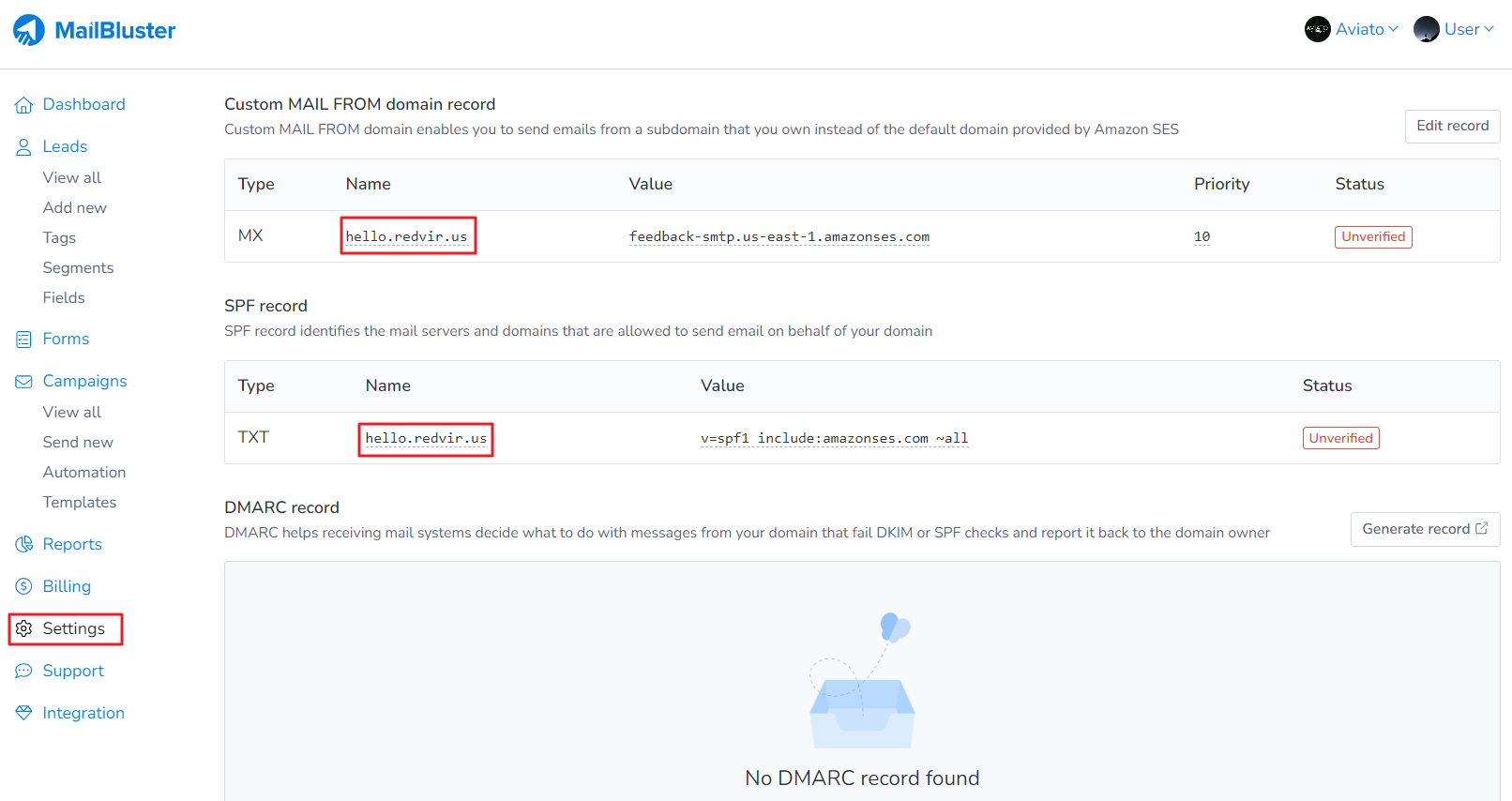 Custom MAIL FROM domain record and SPF record changed to the new subdomain