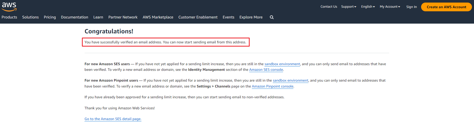 Sender email address has been verified successfully by AWS