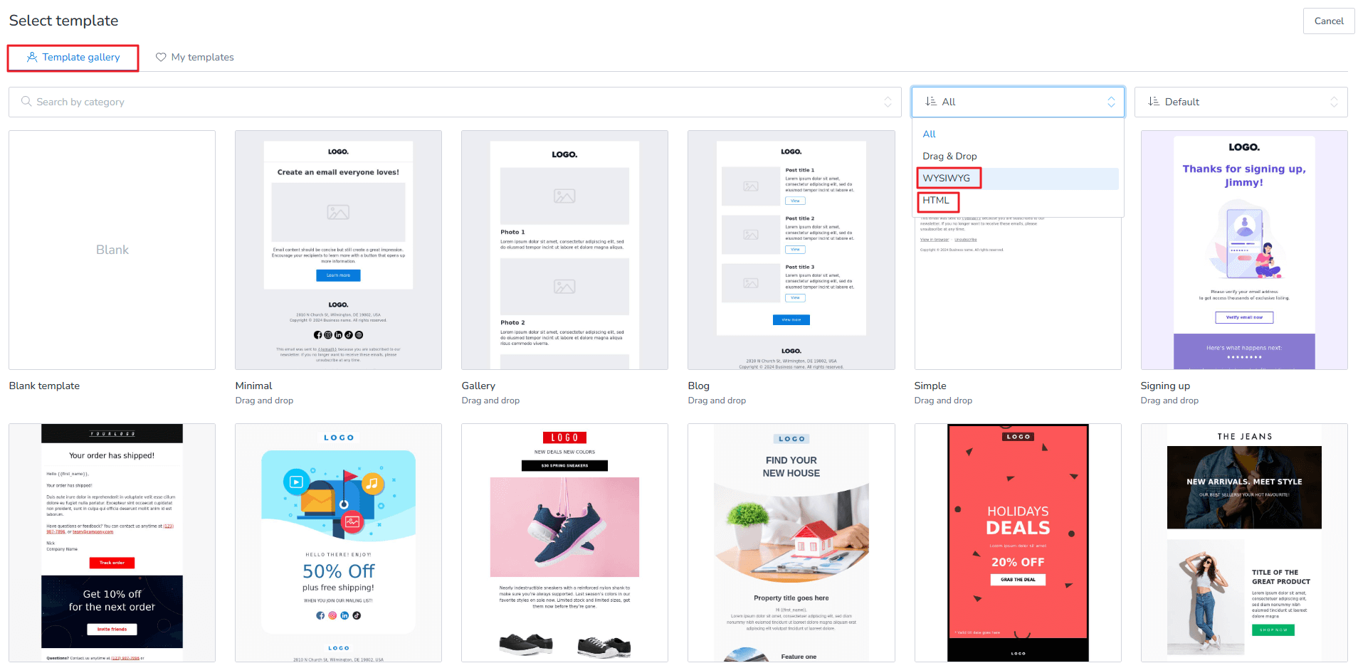 Template gallery drop down