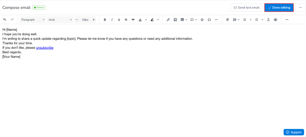 Sample of Plain text email created using WYSIWYG editor