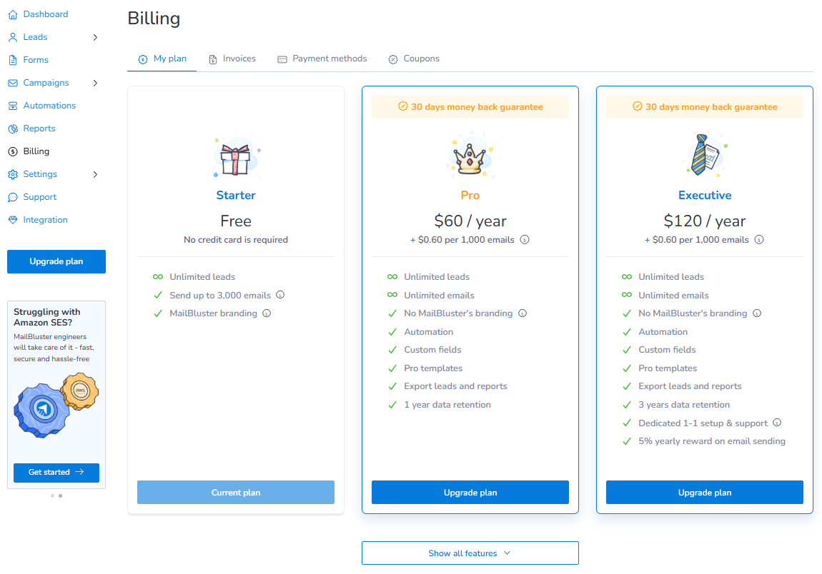 Choosing Pro/Executive plan in MailBluster